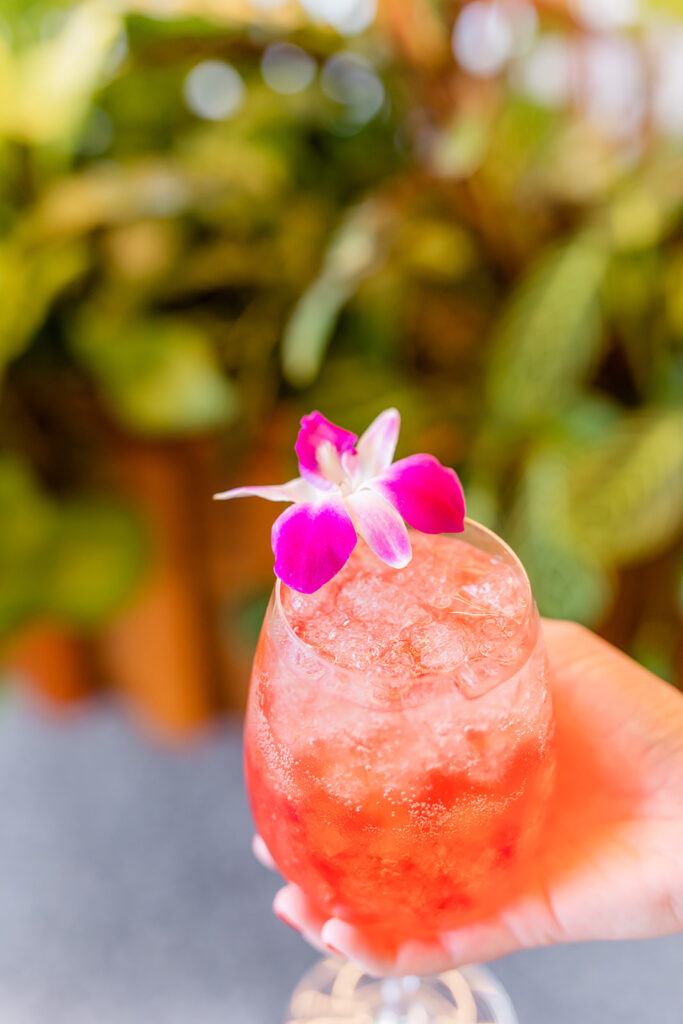 bright orange summer cocktail with pink hibiscus flower